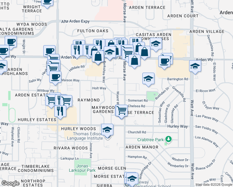 map of restaurants, bars, coffee shops, grocery stores, and more near 3016 Berkshire Way in Sacramento