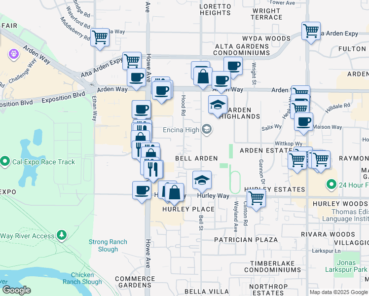 map of restaurants, bars, coffee shops, grocery stores, and more near 1446 Hood Road in Sacramento