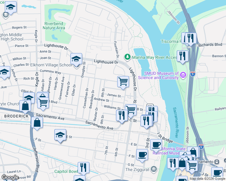 map of restaurants, bars, coffee shops, grocery stores, and more near 613 Welland Way in West Sacramento