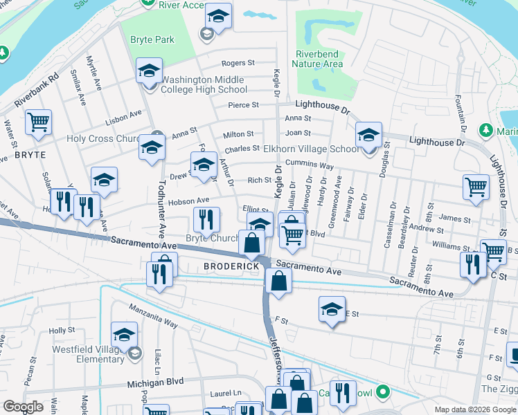 map of restaurants, bars, coffee shops, grocery stores, and more near 1008 Elliot Street in West Sacramento