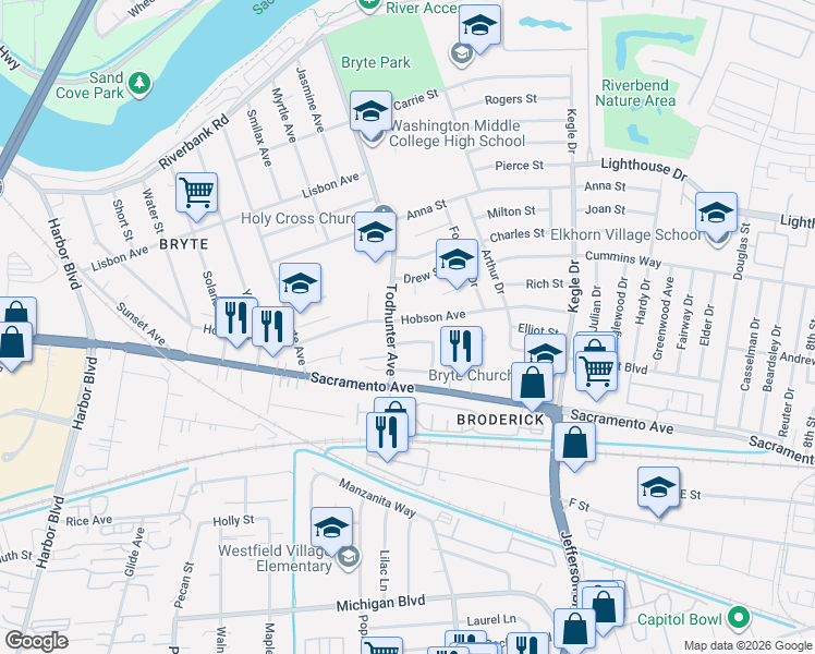 map of restaurants, bars, coffee shops, grocery stores, and more near 1321 Hobson Avenue in West Sacramento