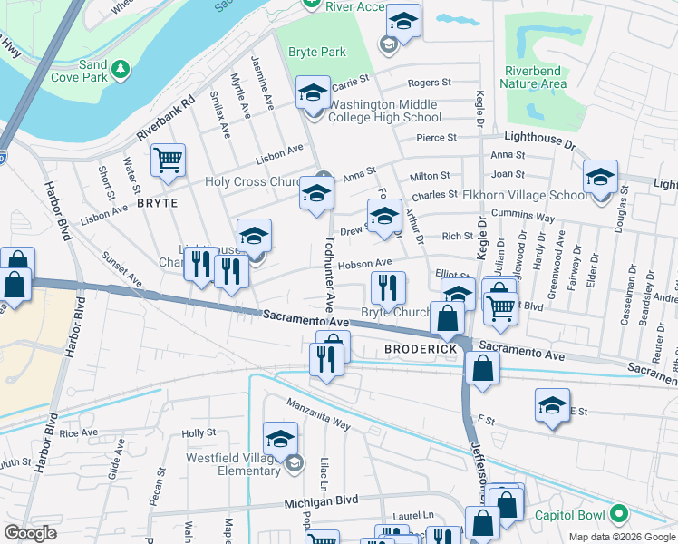 map of restaurants, bars, coffee shops, grocery stores, and more near 1321 Hobson Avenue in West Sacramento