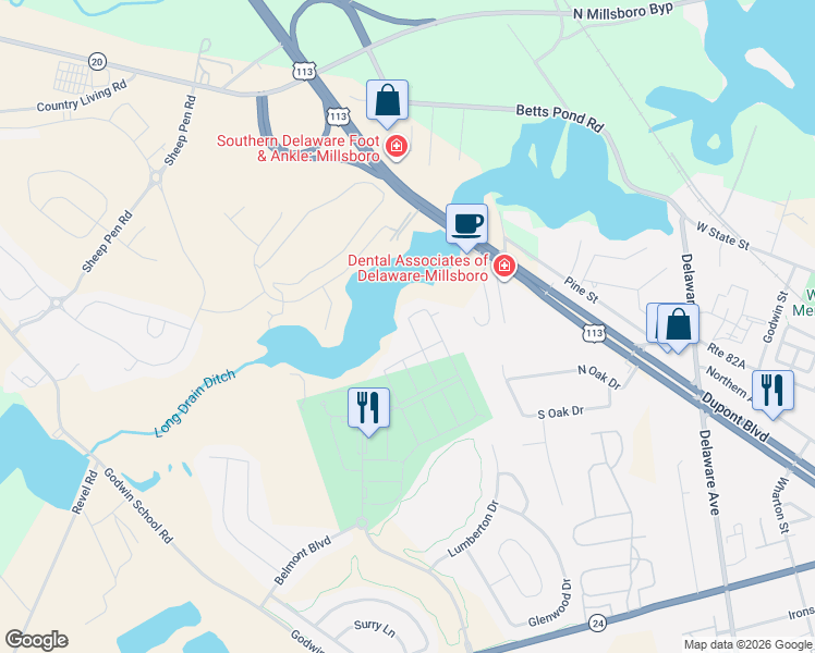map of restaurants, bars, coffee shops, grocery stores, and more near 20999 Brunswick Lane in Millsboro
