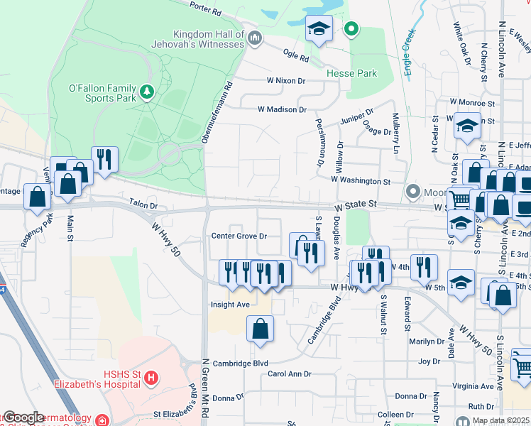 map of restaurants, bars, coffee shops, grocery stores, and more near 106 Mill Street in O'Fallon