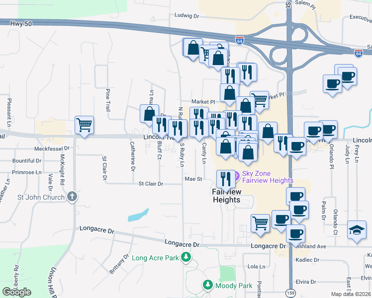 map of restaurants, bars, coffee shops, grocery stores, and more near 9 South Ruby Lane in Fairview Heights