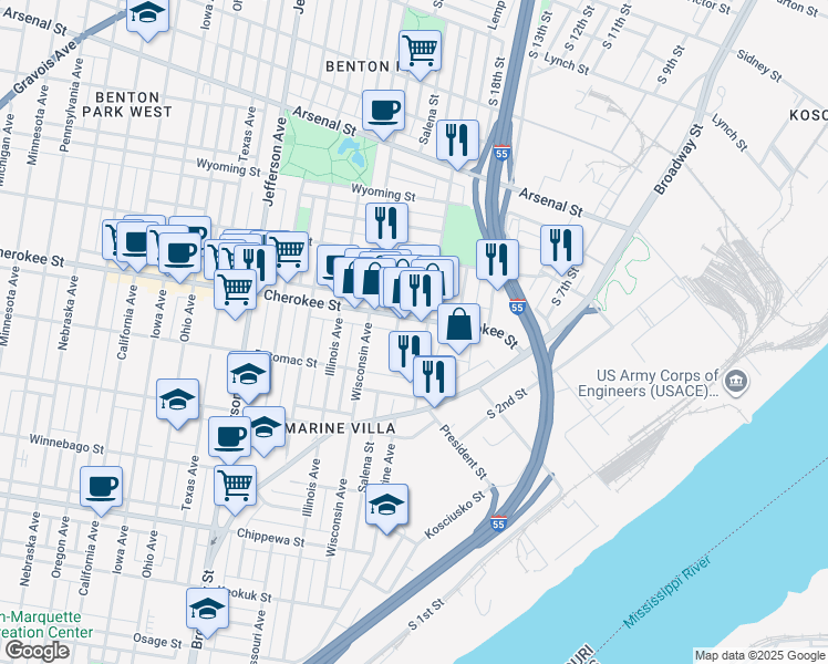 map of restaurants, bars, coffee shops, grocery stores, and more near 3413 Lemp Avenue in St. Louis