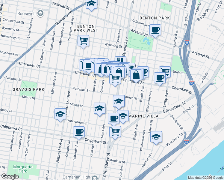 map of restaurants, bars, coffee shops, grocery stores, and more near 3446 Texas Avenue in St. Louis