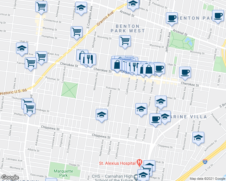 map of restaurants, bars, coffee shops, grocery stores, and more near 3508 Nebraska Avenue in St. Louis