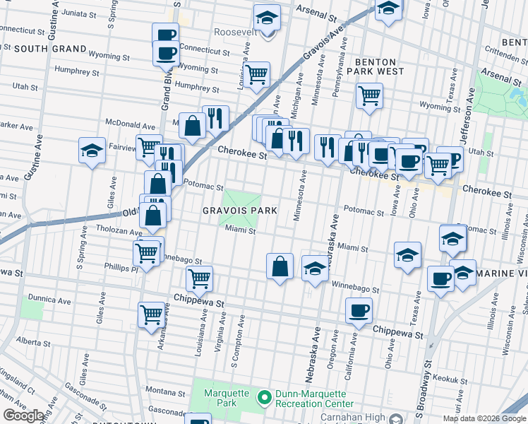 map of restaurants, bars, coffee shops, grocery stores, and more near 3526 South Compton Avenue in St. Louis