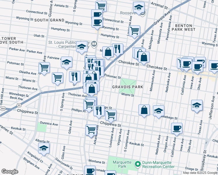 map of restaurants, bars, coffee shops, grocery stores, and more near 3443 Miami Street in St. Louis