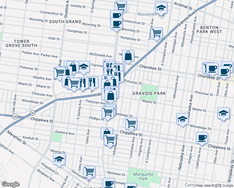 map of restaurants, bars, coffee shops, grocery stores, and more near 3519 Miami Street in St. Louis