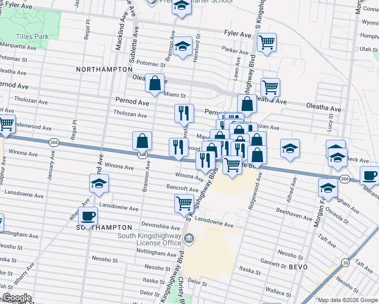 map of restaurants, bars, coffee shops, grocery stores, and more near 4974 Lindenwood Avenue in St. Louis