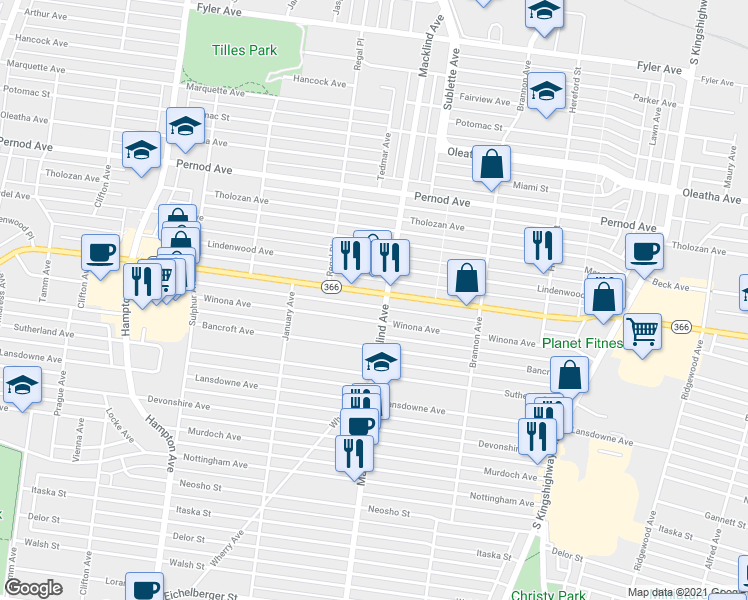 map of restaurants, bars, coffee shops, grocery stores, and more near 5406 Historic U.S. 66 in St. Louis