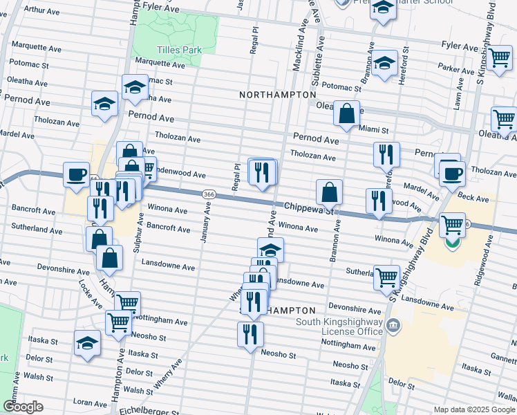 map of restaurants, bars, coffee shops, grocery stores, and more near 5442 Missouri 366 in St. Louis