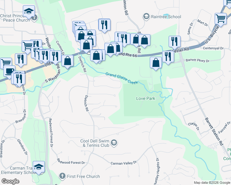 map of restaurants, bars, coffee shops, grocery stores, and more near 1569 Dietrich Place Court in Ballwin