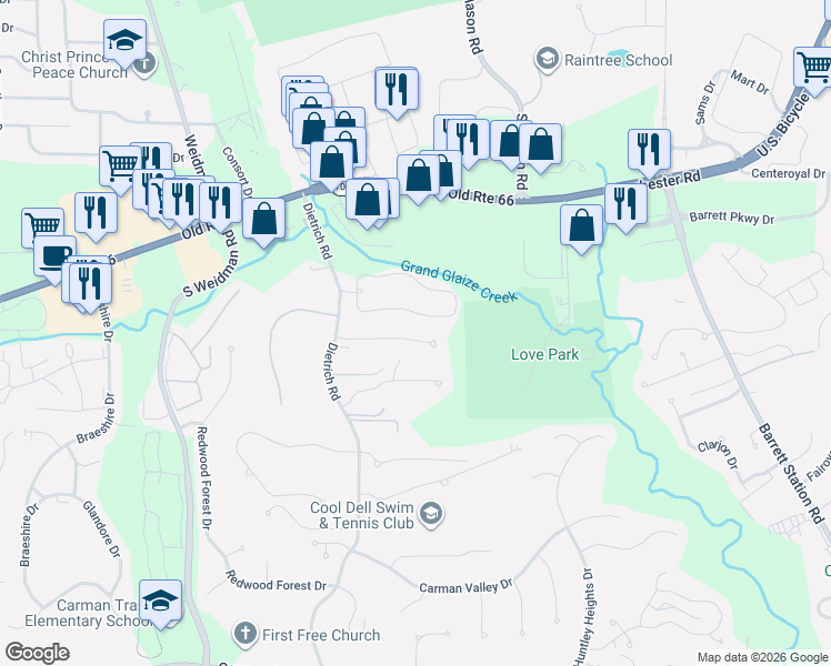 map of restaurants, bars, coffee shops, grocery stores, and more near 1569 Dietrich Place Court in Ballwin