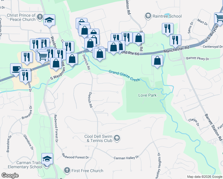 map of restaurants, bars, coffee shops, grocery stores, and more near 1541 Dietrich Place Court in Ballwin