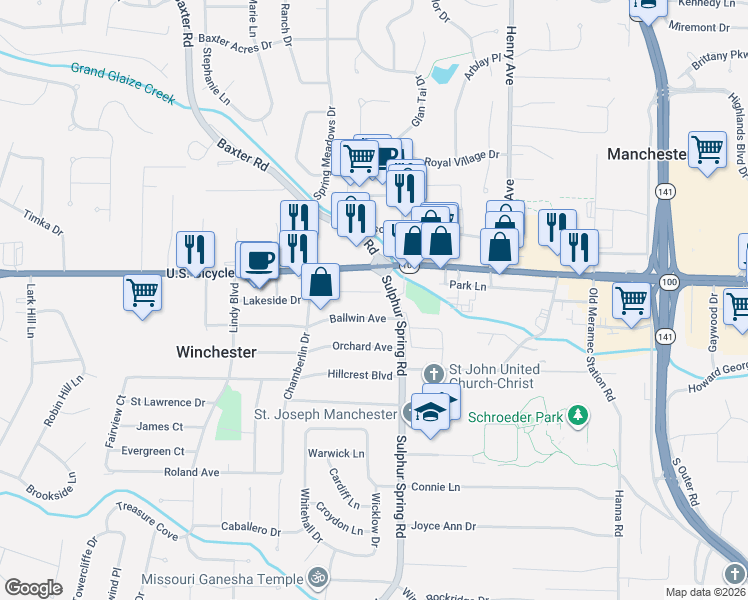 map of restaurants, bars, coffee shops, grocery stores, and more near 428 Lakeside Drive in Ballwin