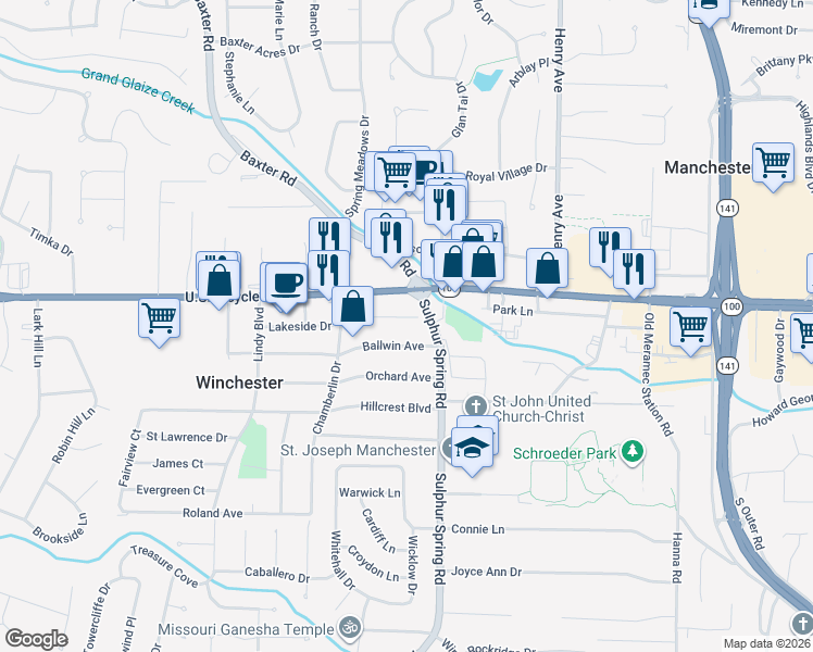 map of restaurants, bars, coffee shops, grocery stores, and more near 404 Lakeside Drive in Ballwin