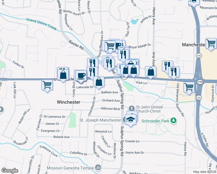 map of restaurants, bars, coffee shops, grocery stores, and more near 404 Lakeside Drive in Ballwin