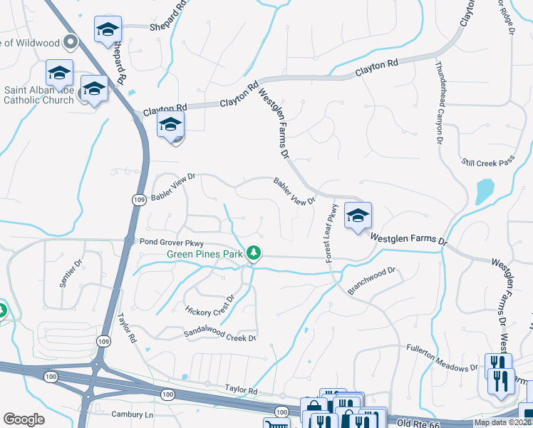 map of restaurants, bars, coffee shops, grocery stores, and more near 2365 Gross Point Lane in Ballwin