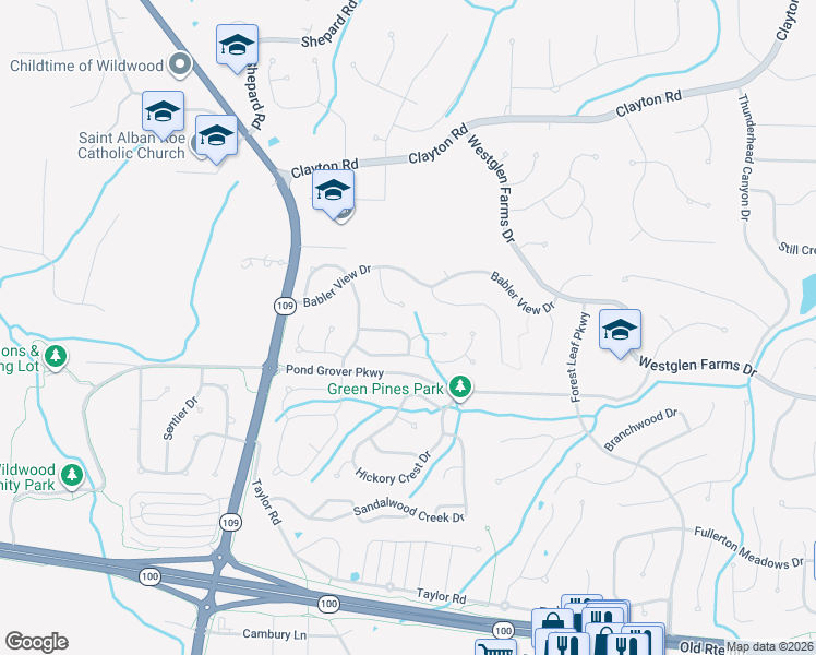 map of restaurants, bars, coffee shops, grocery stores, and more near 2323 Kingstowne Way Court in Ballwin