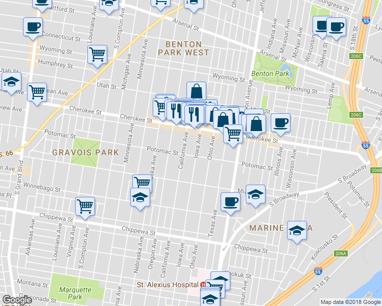 map of restaurants, bars, coffee shops, grocery stores, and more near 2737 Potomac Street in St. Louis