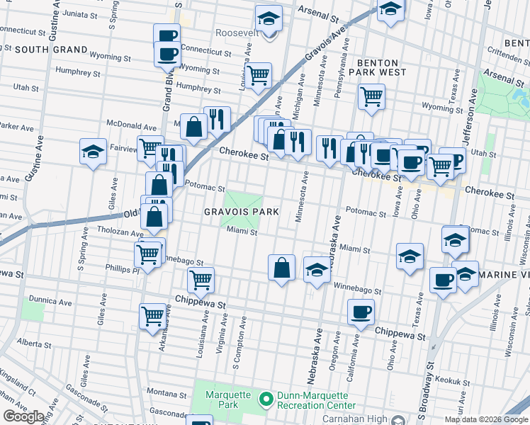 map of restaurants, bars, coffee shops, grocery stores, and more near 3526 South Compton Avenue in St. Louis