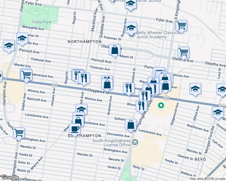 map of restaurants, bars, coffee shops, grocery stores, and more near 5071 Chippewa Street in Saint Louis