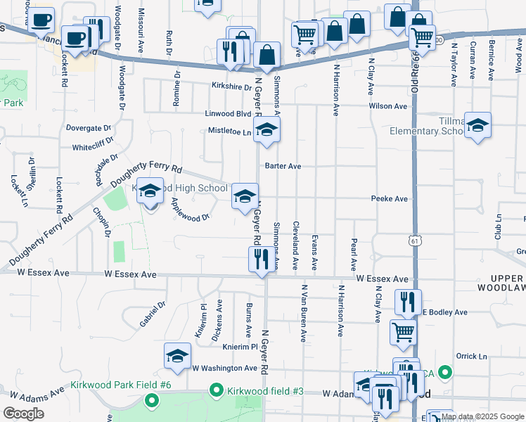 map of restaurants, bars, coffee shops, grocery stores, and more near 728 North Geyer Road in Kirkwood