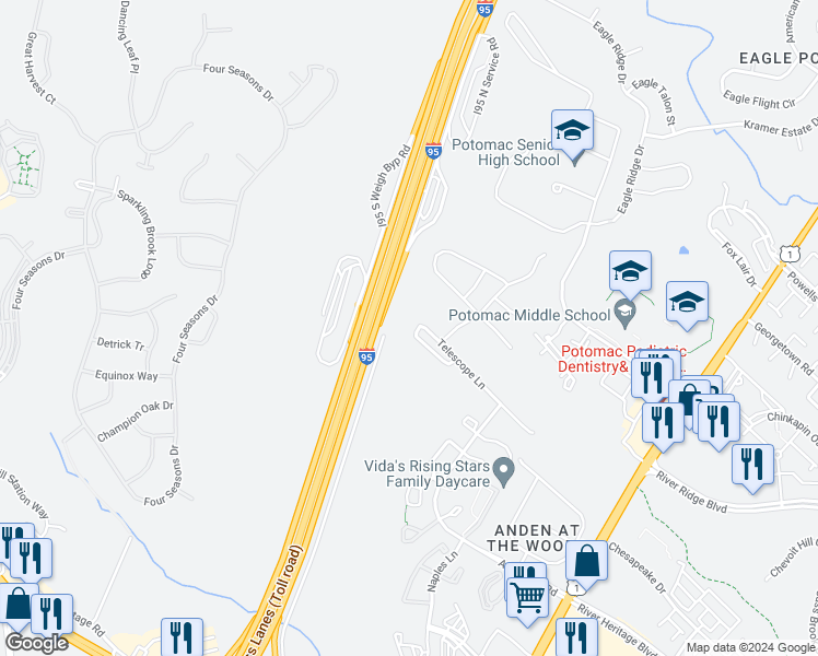 map of restaurants, bars, coffee shops, grocery stores, and more near 3400 Telegraph Station Loop in Dumfries