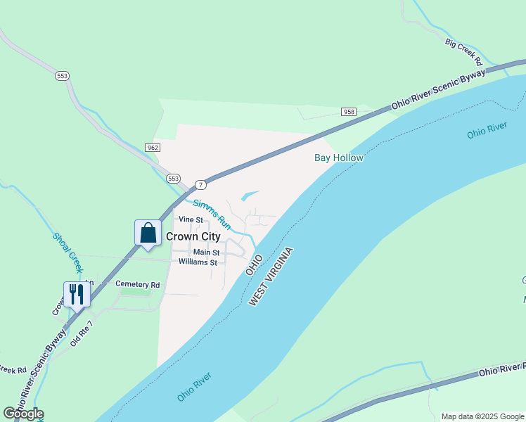 map of restaurants, bars, coffee shops, grocery stores, and more near 55 Center Street in Crown City