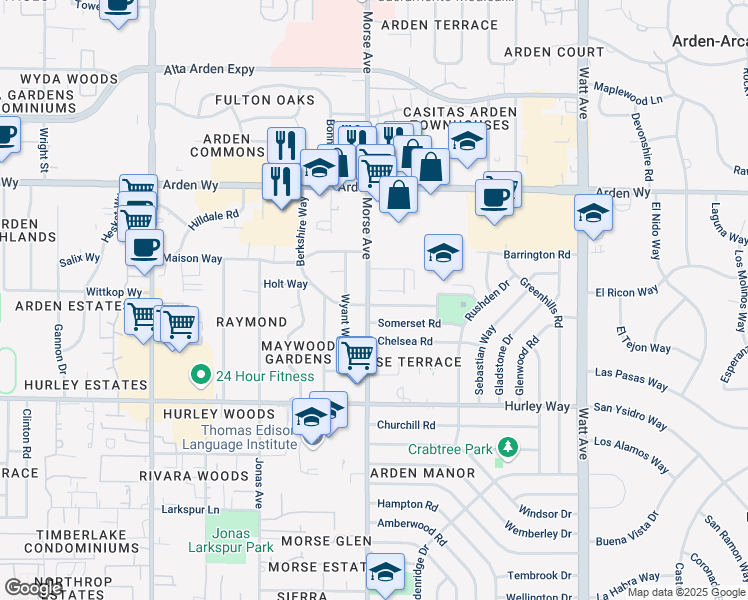map of restaurants, bars, coffee shops, grocery stores, and more near 3101 Berkshire Way in Sacramento