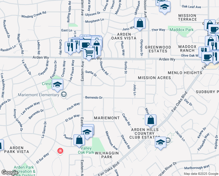 map of restaurants, bars, coffee shops, grocery stores, and more near 4412 Surita Street in Sacramento