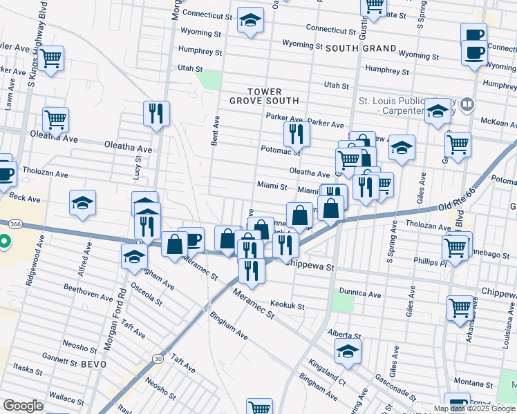 map of restaurants, bars, coffee shops, grocery stores, and more near 4052 Tholozan Avenue in St. Louis