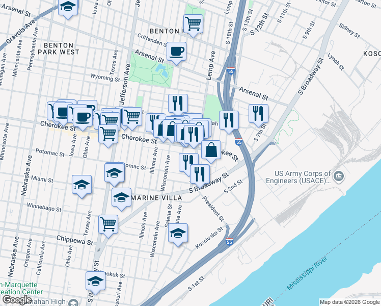 map of restaurants, bars, coffee shops, grocery stores, and more near 3413 Lemp Avenue in St. Louis