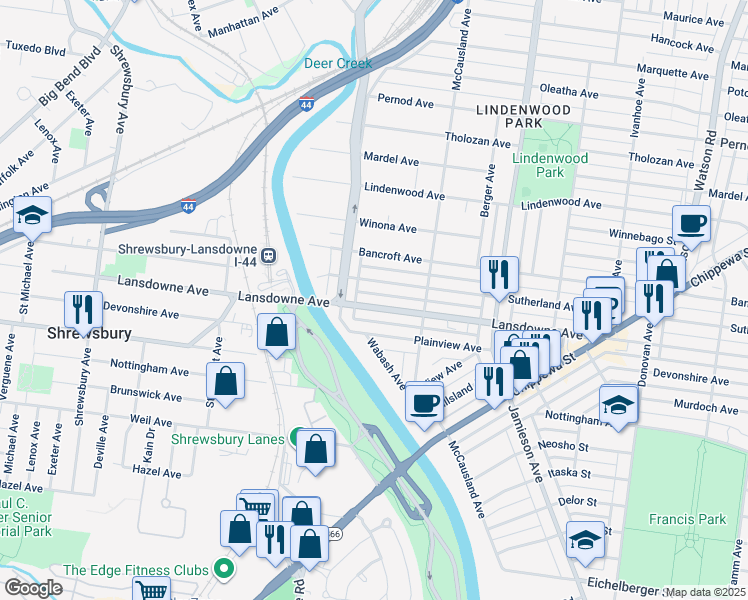 map of restaurants, bars, coffee shops, grocery stores, and more near 7059 Lansdowne Avenue in St. Louis