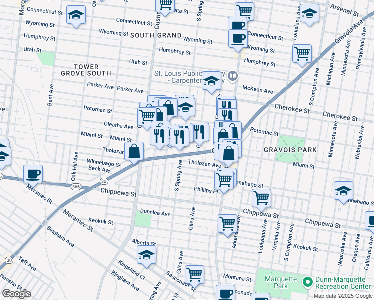 map of restaurants, bars, coffee shops, grocery stores, and more near 3719 Gravois Avenue in St. Louis