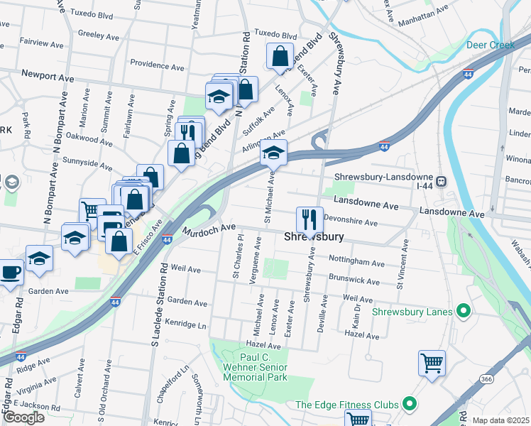 map of restaurants, bars, coffee shops, grocery stores, and more near 7700 Devonshire Avenue in St. Louis
