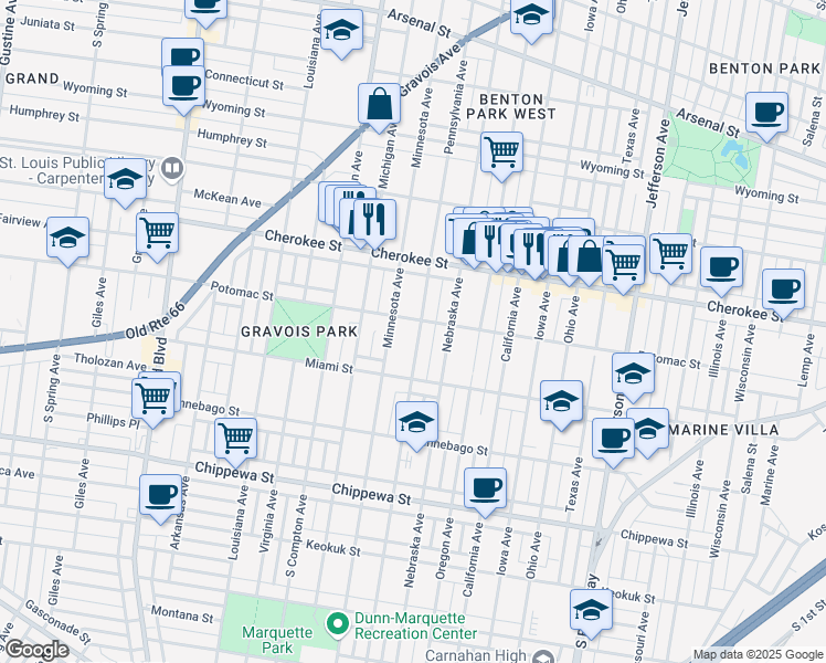 map of restaurants, bars, coffee shops, grocery stores, and more near 3511 Pennsylvania Avenue in St. Louis
