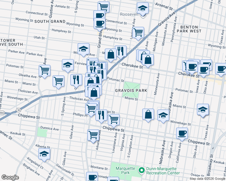 map of restaurants, bars, coffee shops, grocery stores, and more near 3541 Tennessee Avenue in St. Louis