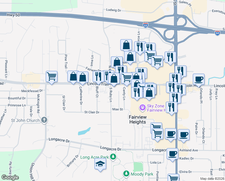 map of restaurants, bars, coffee shops, grocery stores, and more near 9 South Ruby Lane in Fairview Heights