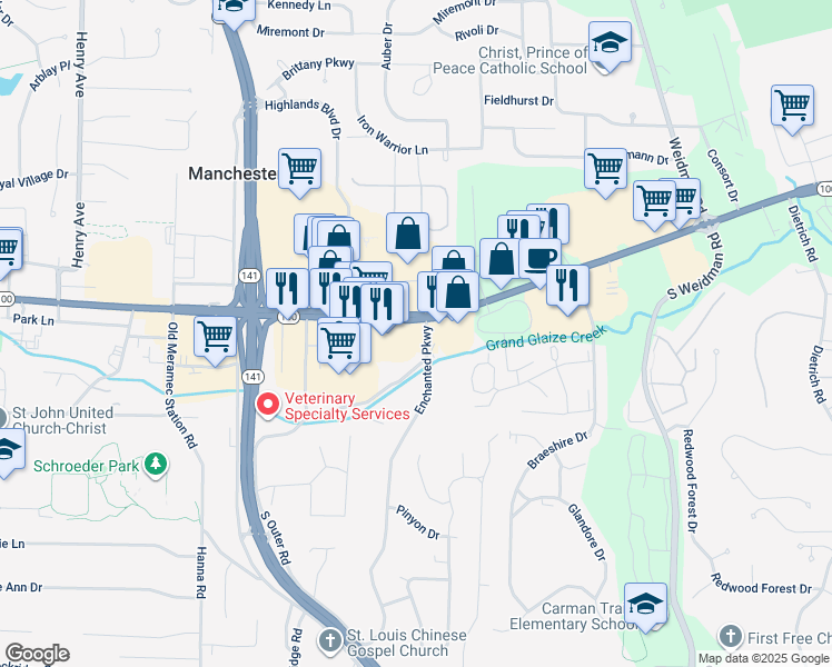 map of restaurants, bars, coffee shops, grocery stores, and more near 14200 Manchester Road in Ballwin