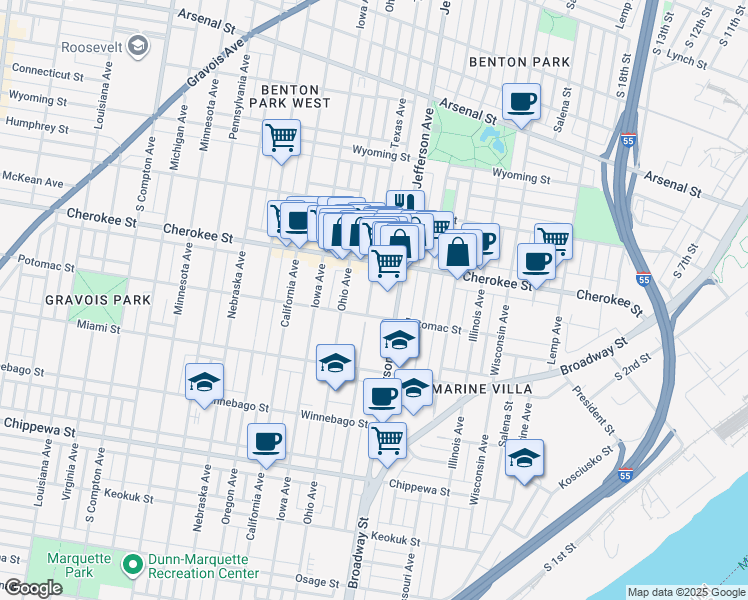 map of restaurants, bars, coffee shops, grocery stores, and more near 3442 Texas Avenue in St. Louis