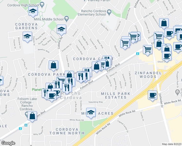 map of restaurants, bars, coffee shops, grocery stores, and more near 2728 Woodberry Way in Rancho Cordova
