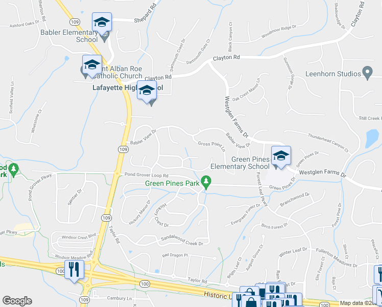 map of restaurants, bars, coffee shops, grocery stores, and more near 2323 Kingstowne Way Court in Ballwin