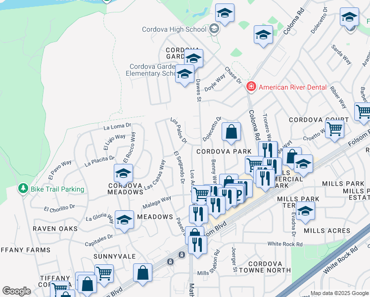 map of restaurants, bars, coffee shops, grocery stores, and more near 10236 La Presa Way in Rancho Cordova