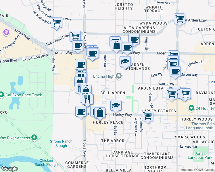 map of restaurants, bars, coffee shops, grocery stores, and more near 1444 Hood Road in Sacramento