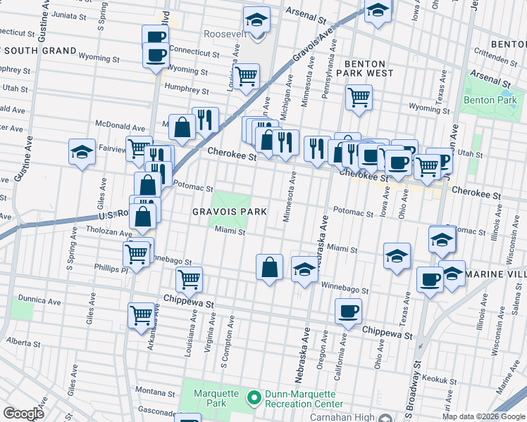 map of restaurants, bars, coffee shops, grocery stores, and more near 3526 South Compton Avenue in St. Louis