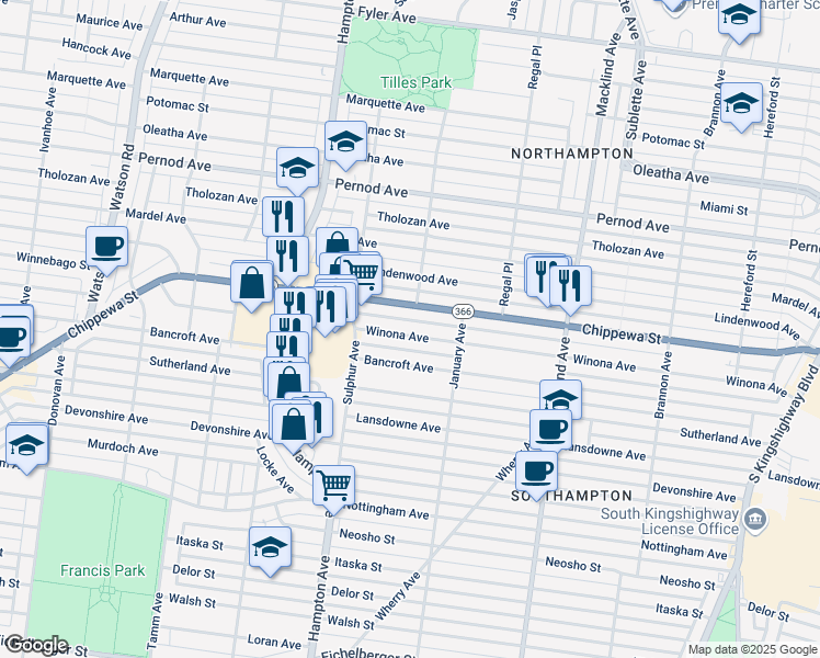 map of restaurants, bars, coffee shops, grocery stores, and more near 5701 Winona Avenue in St. Louis